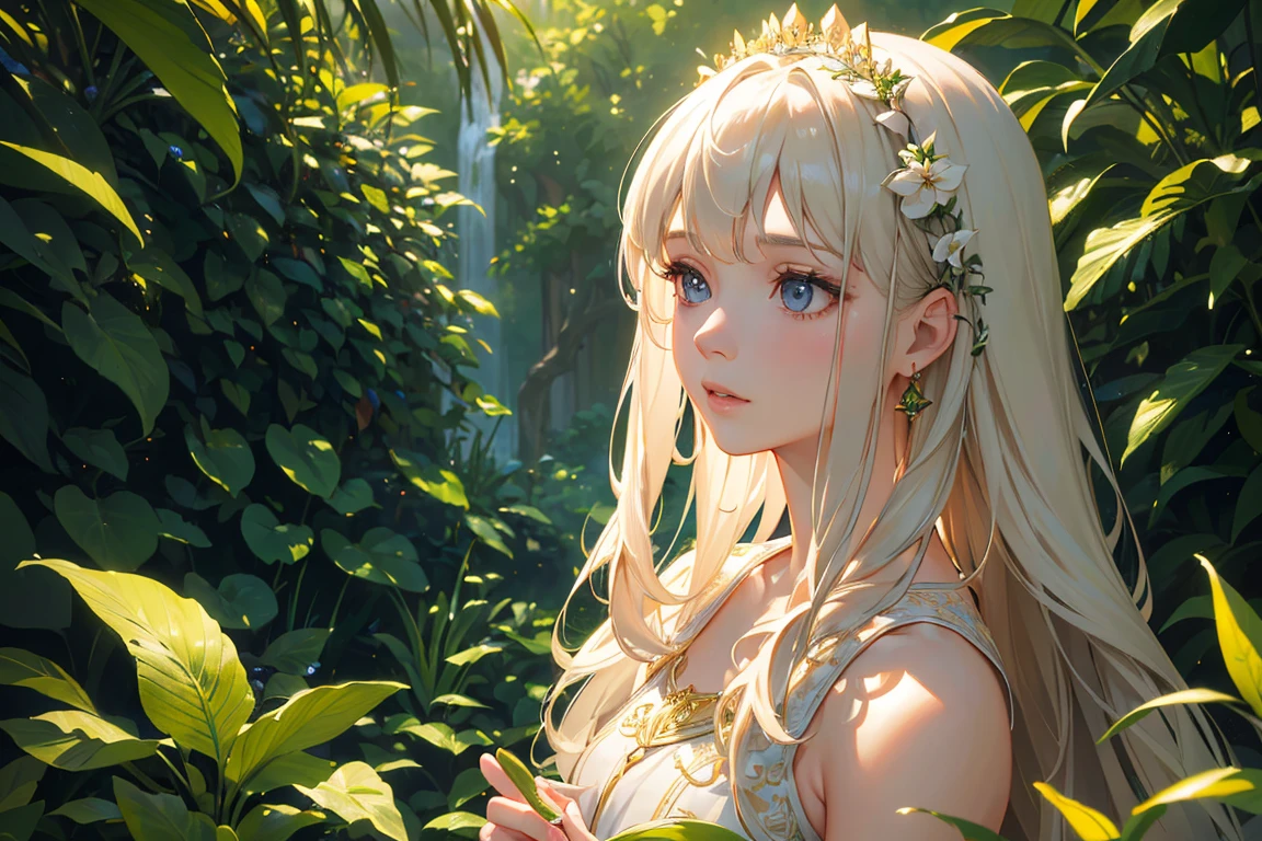 a beautiful young girl in a lush garden, wearing a flowing white dress, her long brown hair cascading down her shoulders, gazing off into the distance with a serene expression, 1girl, detailed face, beautiful detailed eyes, long eyelashes, beautiful detailed lips, extremely detailed portrait, oil painting, cinematic lighting, vivid colors, fantasy, magical realism, dreamlike, (best quality,4k,8k,highres,masterpiece:1.2),ultra-detailed,(realistic,photorealistic,photo-realistic:1.37)