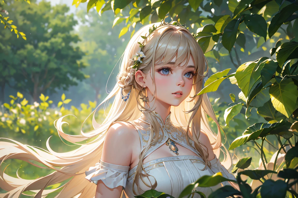 a beautiful young girl in a lush garden, wearing a flowing white dress, her long brown hair cascading down her shoulders, gazing off into the distance with a serene expression, 1girl, detailed face, beautiful detailed eyes, long eyelashes, beautiful detailed lips, extremely detailed portrait, oil painting, cinematic lighting, vivid colors, fantasy, magical realism, dreamlike, (best quality,4k,8k,highres,masterpiece:1.2),ultra-detailed,(realistic,photorealistic,photo-realistic:1.37)