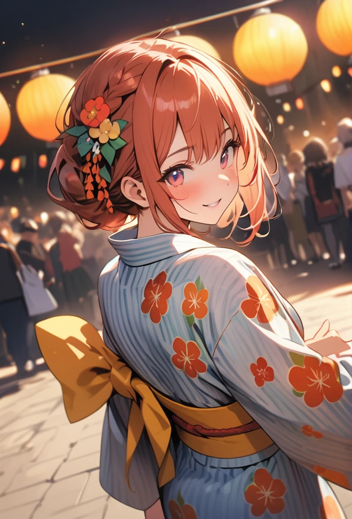 cheered up、cheered up調、デジタルcheered upアート、Plain design,(masterpiece:1.2)、Back blur、Sense of distance、high quality、High resolution、Very detailed、(Shockingly absurd:1.2)、(frog view),BREAK、Festival Venue、girl in yukata、Goldfish pattern yukata、shooting、BREAK、pose with arms outstretched、tracking、bright smile、hair ornaments