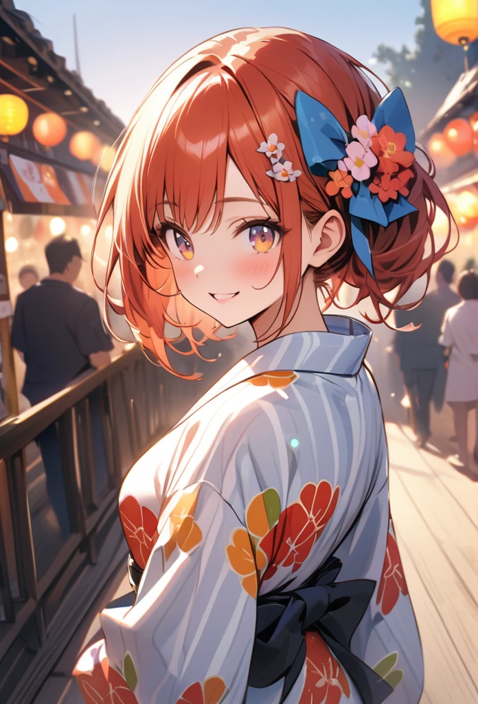 cheered up、cheered up調、デジタルcheered upアート、Plain design,(masterpiece:1.2)、Back blur、Sense of distance、high quality、High resolution、Very detailed、(Shockingly absurd:1.2)、(frog view),BREAK、Festival Venue、girl in yukata、Goldfish pattern yukata、shooting、BREAK、pose with arms outstretched、tracking、bright smile、hair ornaments