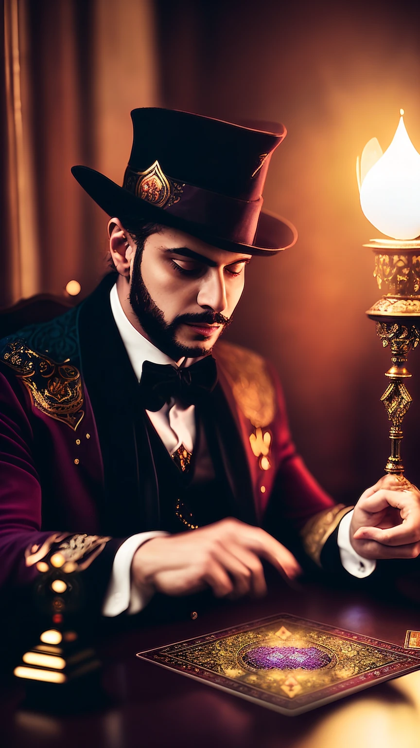 a magical card game, a cheating magician, detailed intricate playing cards, ornate card table, dramatic lighting, cinematic camera angles, chiaroscuro lighting, moody atmosphere, dark fantasy, muted color palette, high contrast, hyper detailed