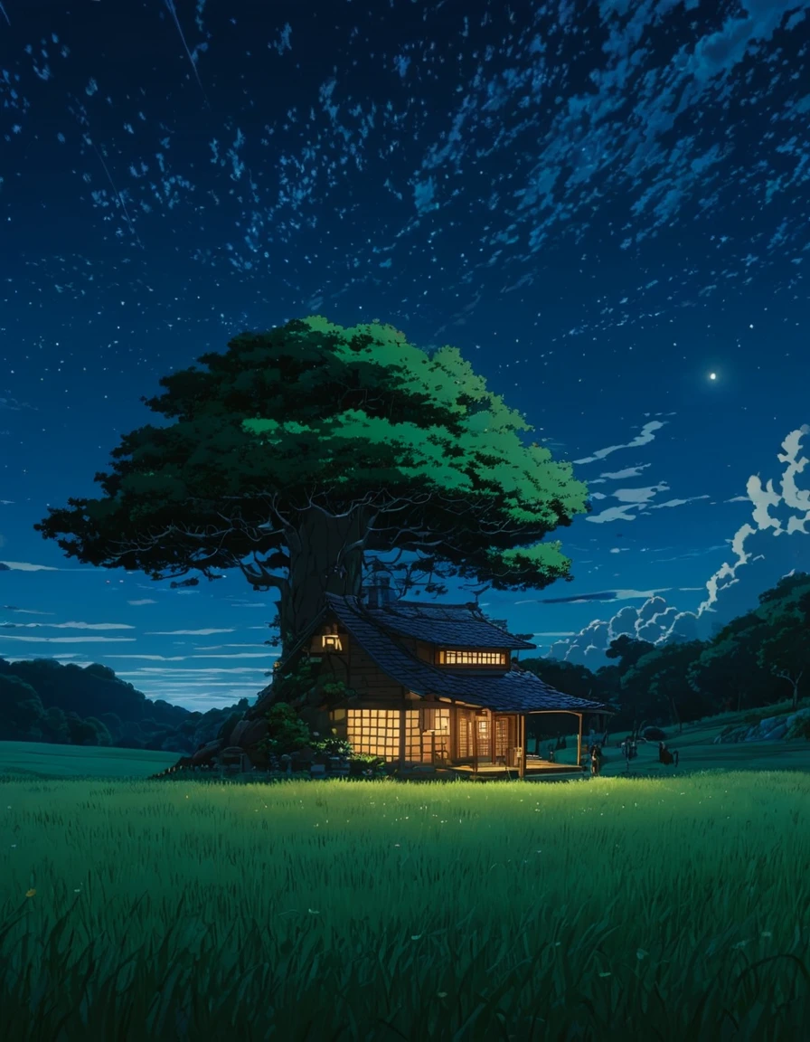 masterpiece!!!!     8k a cabin ANIME GHIBLI STYLE!!!!! La imagen muestra una serena escena nocturna de una casa bajo un arbol nubes iluminacion anime 8k Fireflys hierva noche
 stylo anime ghibli,     under tree,      you grow a night sky,    clouds animated lighting!!!!!!      and shadow,   Firefly 