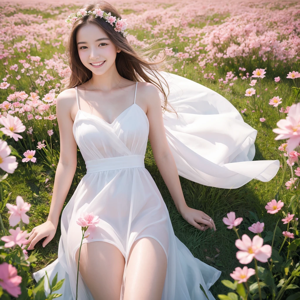 Highest quality, masterpiece, Ultra-high resolution (Realistic: 1.4), RAW Photos, 1 girl, White Dress, Exposing shoulders, A field full of pink flowers, Glowing Skin, smile