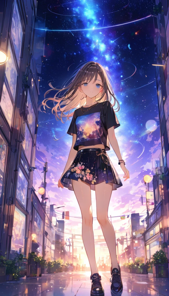 高いquality illustration, masterpiece,
Very delicate and beautiful,
Attractive girl,(florals,A T-shirt with glittery embellishments,perfect mini skirt,dress),
thin,Slender body,slim,
Urban Background,
PRİNCESS, Beautiful Eyes,A light smile,(masterpiece, Highest quality:1.2),
High resolution, Very detailed CG Unity 8k wallpaper,
Perfect lighting, colorful, 超High resolution,4K,Very detailed,
photograph, 8k, High resolutionolution,
Model pose Subtle gradient effect Glitter effect,
Lens flare,
Space Background