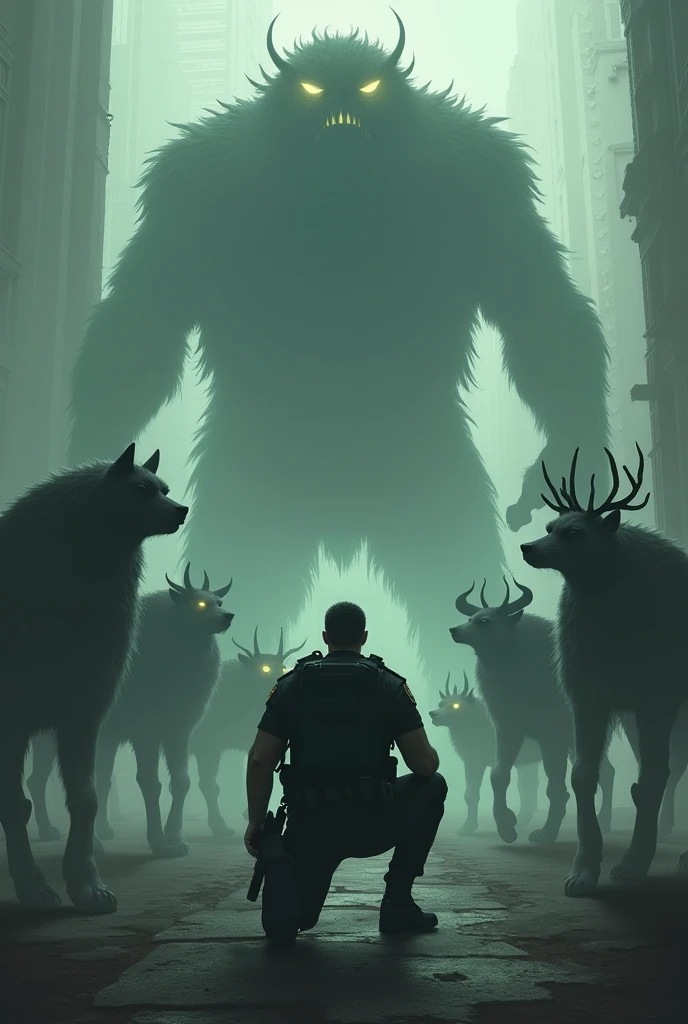 A patrolman, crouched and surrounded by animals of the most diverse breeds formed from their shadow. Everyone with their shining eyes. The largest of them being at the back of the scene..