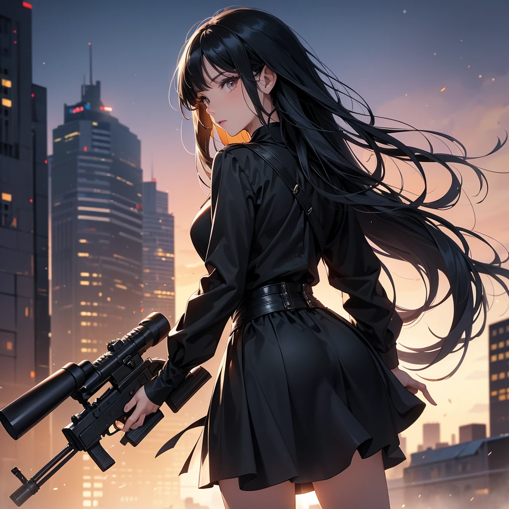 a beautiful woman with long black hair, wearing a tight black dress, standing holding a rifle, aiming the barrel at the bad guys, on a tall building, the sun is setting, close up.