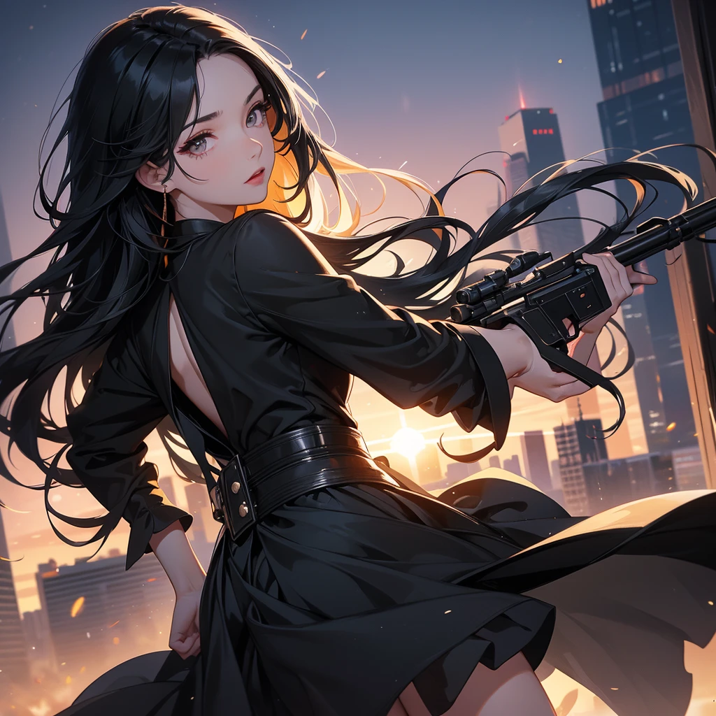 a beautiful woman with long black hair, wearing a tight black dress, standing holding a rifle, aiming the barrel at the bad guys, on a tall building, the sun is setting, close up.