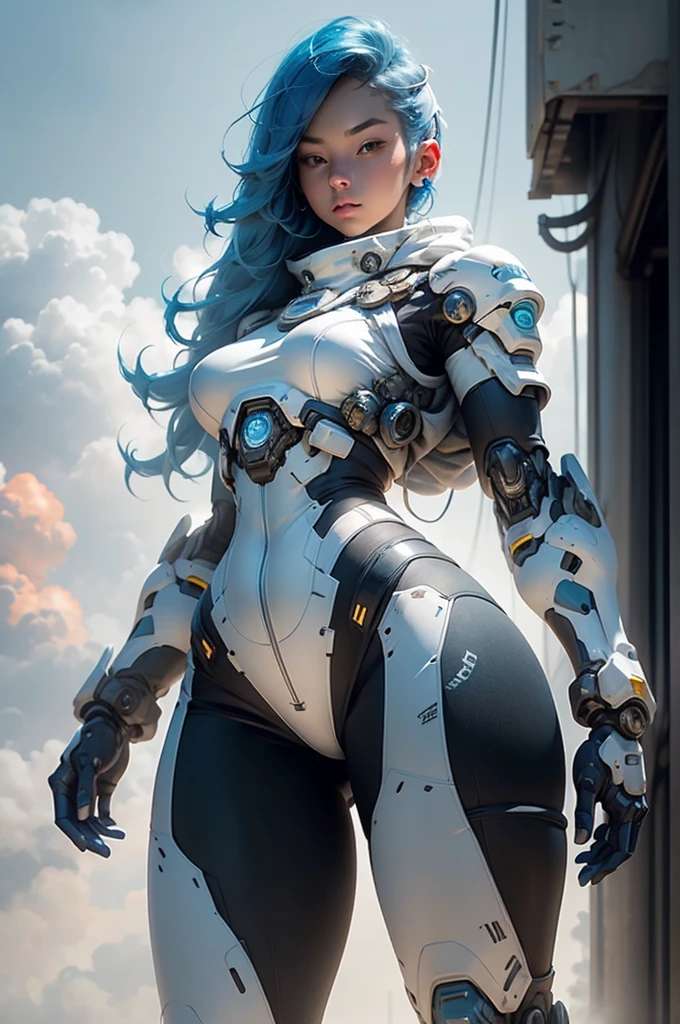 View from below angle from below girl mecha half cyborg, modifications, She has a curvy figure but a narrow waist., she has long blue hair, with blue eyes, with a gas mask on his face, cybernetic suit blue, costume parts with blue lights and LEDs, a multitude of glowing blue lines and lights, hands prosthetics, gorgeous body, short sports shorts that highlight her big wide hips, but it is covered by a mechanical suit, flat horizon photo, anime style pictures, на backgroundе изображения синее небо, clouds and lights and glare in large quantities, and also blue fog and smoke , background: blue sky with clouds