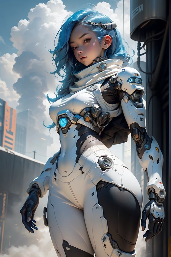 View from below angle from below girl mecha half cyborg, modifications, She has a curvy figure but a narrow waist., she has long blue hair, with blue eyes, with a gas mask on his face, cybernetic suit blue, costume parts with blue lights and LEDs, a multitude of glowing blue lines and lights, hands prosthetics, gorgeous body, short sports shorts that highlight her big wide hips, but it is covered by a mechanical suit, flat horizon photo, anime style pictures, на backgroundе изображения синее небо, clouds and lights and glare in large quantities, and also blue fog and smoke , background: blue sky with clouds