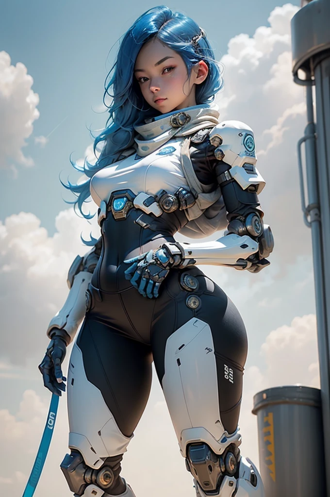 View from below angle from below girl mecha half cyborg, modifications, She has a curvy figure but a narrow waist., she has long blue hair, with blue eyes, with a gas mask on his face, cybernetic suit blue, costume parts with blue lights and LEDs, a multitude of glowing blue lines and lights, hands prosthetics, gorgeous body, short sports shorts that highlight her big wide hips, but it is covered by a mechanical suit, flat horizon photo, anime style pictures, на backgroundе изображения синее небо, clouds and lights and glare in large quantities, and also blue fog and smoke , background: blue sky with clouds