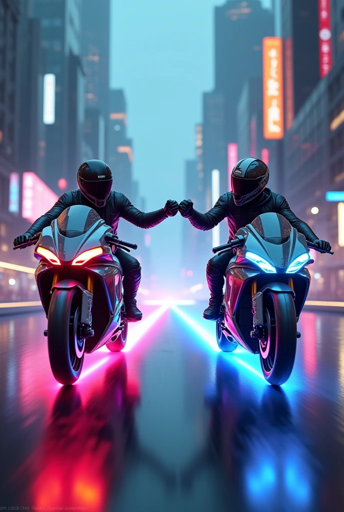 Two guys with holographic sport bikes on a ride fist bumping