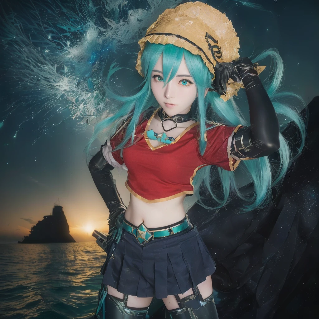 Anime girl with blue hair and red shirt posing for a photo, hatsune Miku cosplay, Aqua from Konosuba, Anime Girl Cosplay, hatsune Miku in warhammer 40k, Senna from League of Legends, Mikudayo, Full Cosplay, Miku, Anime Cosplay, hatsune Miku, Star Ocean, Anime-style 3D, Portrait of a girl in the Knights of the Zodiac