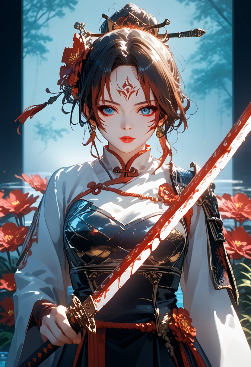 Anime girl 1,sexy,beautiful,Holding a sword in his hand,Hong Kong Warrior, Bright colors,Shine,Two hair colors,Draw clear details,masterpiece,Maximum ideal properties,Средняя beautiful Грудь,Part of the body is visible,cloth,Small Armor,Black mystical background,Detailed overview,Maximum details,Blood-stained flowers,water,emotion,Super detailed,High quality resolution,Highest quality drawing,8k-4k wallpaper,score_9,score_8_superior,score_7_superior