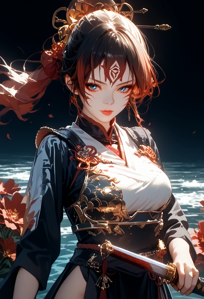 Anime girl 1,sexy,beautiful,Holding a sword in his hand,Hong Kong Warrior, Bright colors,Shine,Two hair colors,Draw clear details,masterpiece,Maximum ideal properties,Средняя beautiful Грудь,Part of the body is visible,cloth,Small Armor,Black mystical background,Detailed overview,Maximum details,Blood-stained flowers,water,emotion,Super detailed,High quality resolution,Highest quality drawing,8k-4k wallpaper,score_9,score_8_superior,score_7_superior