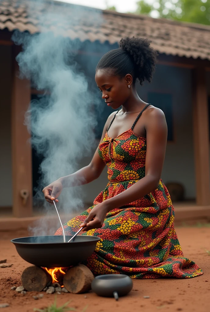 A beautiful Yoruba woman dressed in Ankara wear cooking with firewood at the backyard