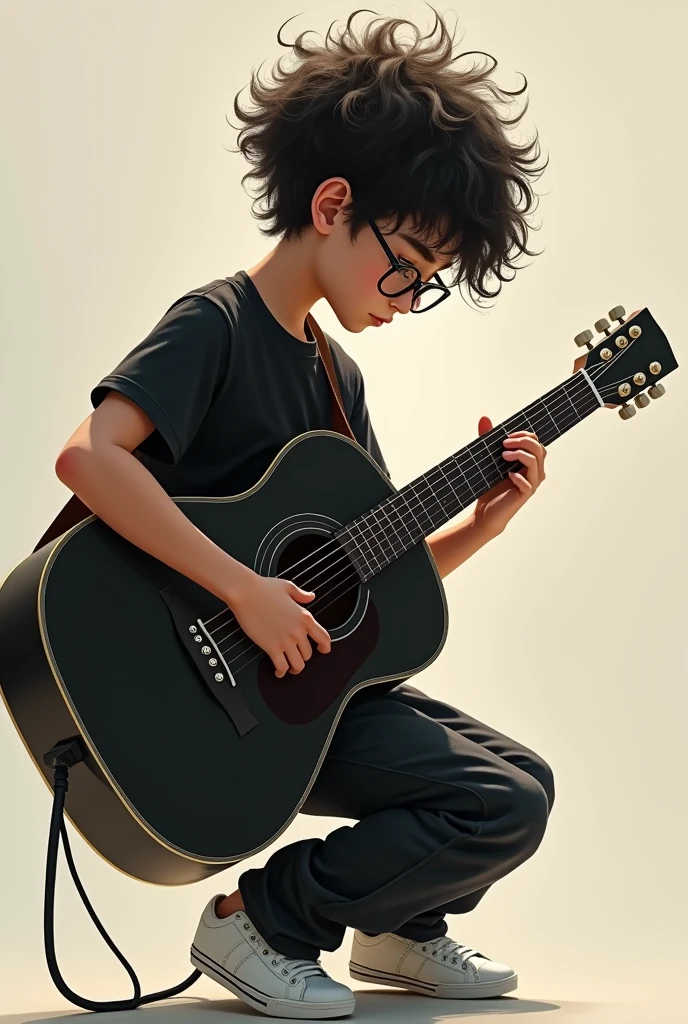 Create a 15 year old boy with curly hair wearing black glasses wearing a black shirt black pants and white sneakers playing a black guitar in the background of a church
