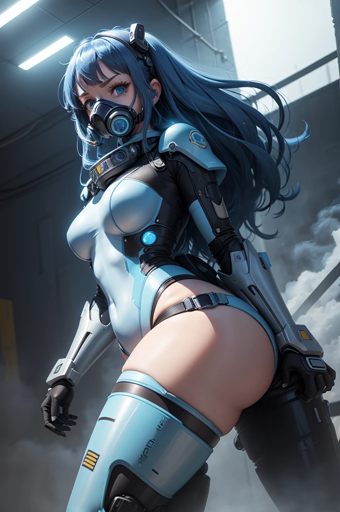View from below angle from below girl mecha half cyborg, modifications, She has a curvy figure but a narrow waist., she has long blue hair, with blue eyes, with a gas mask on his face, cybernetic suit blue, costume parts with blue lights and LEDs, a multitude of glowing blue lines and lights, hands prosthetics, gorgeous body, short sports shorts that highlight her big wide hips, but it is covered by a mechanical suit, flat horizon photo, anime style pictures, на backgroundе изображения синее небо, clouds and lights and glare in large quantities, and also blue fog and smoke , background: blue sky with clouds