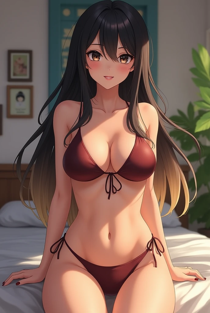 anime, 1girl, plump lips, hispanic asian, long black blonde ombre hair, tan complexion, B cup boobs, black eyes, wearing a bikini, room, high res, ultrasharp, 8k masterpiece, looking at viewer