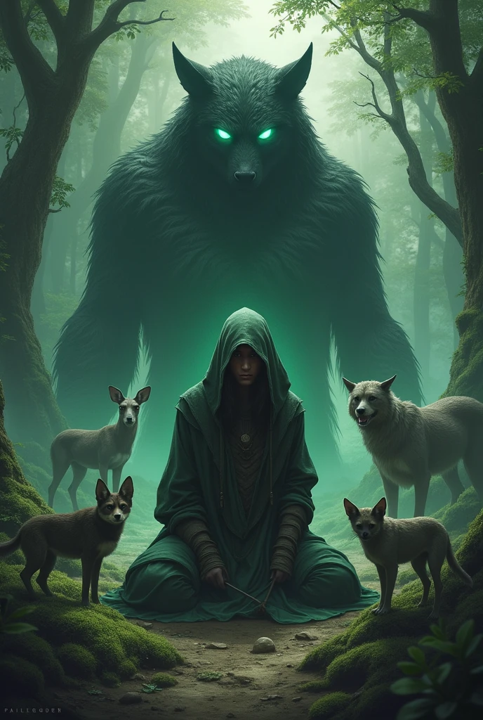 A classic RPG ranger, mystic, crouched and surrounded by animals of the most diverse breeds formed from their shadow. Everyone with their shining eyes. The largest of them being at the back of the scene..