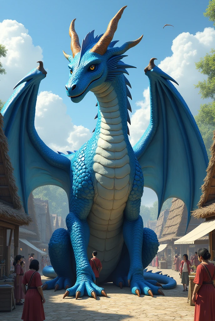 Large photorealistic cute blue dragon sitting on a village