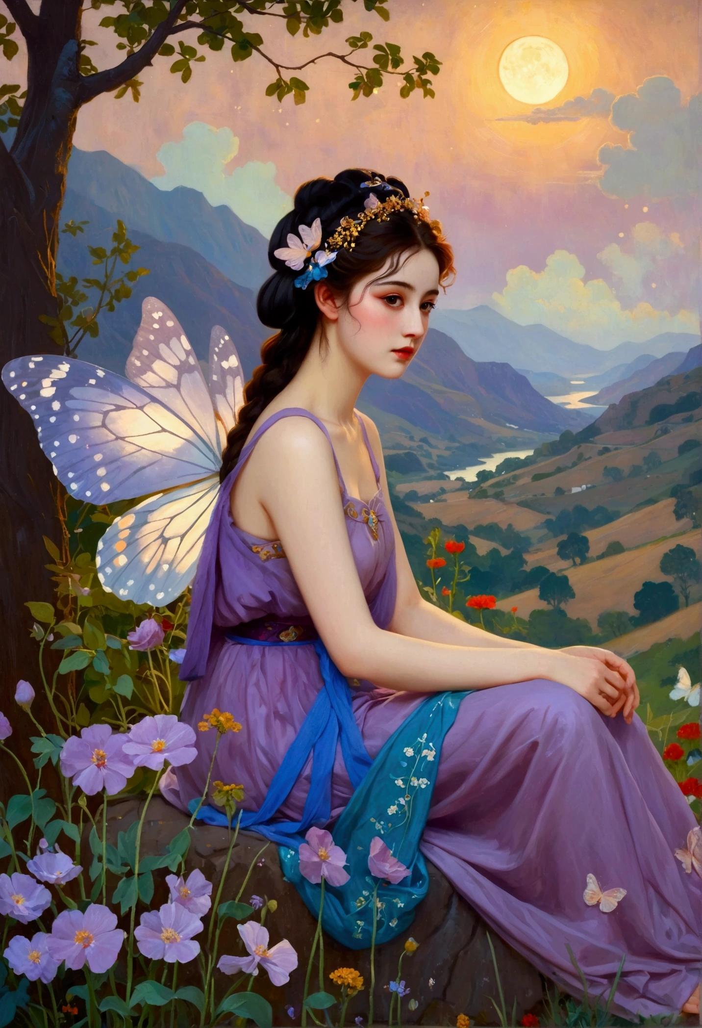 Oil painting on canvas《Summer Valley》,Etienne Adolphe Piaud, Etienne Adolphe Piot,English Pre-Raphaelite painter,Pre-Raphaelite Brotherhood, A woman in a glowing costume sitting on a purple cloud in front of a purple background,Her dress is made of translucent tulle,It is decorated with lights of various colors.,The whole presents a colorful effect,There is a pair of huge butterfly wings behind the woman,Also made of luminous material,radiating a soft,Wearing a flower on the head as decoration,Under her feet, a sea of purple flowers,The flowers look particularly beautiful in the night,dream,mystery,beauty,Aesthetic,Mainly realistic traditional style,The painting style is meticulous,Refreshing colors,HD,in the style of Pre-Raphaelite Brotherhood
