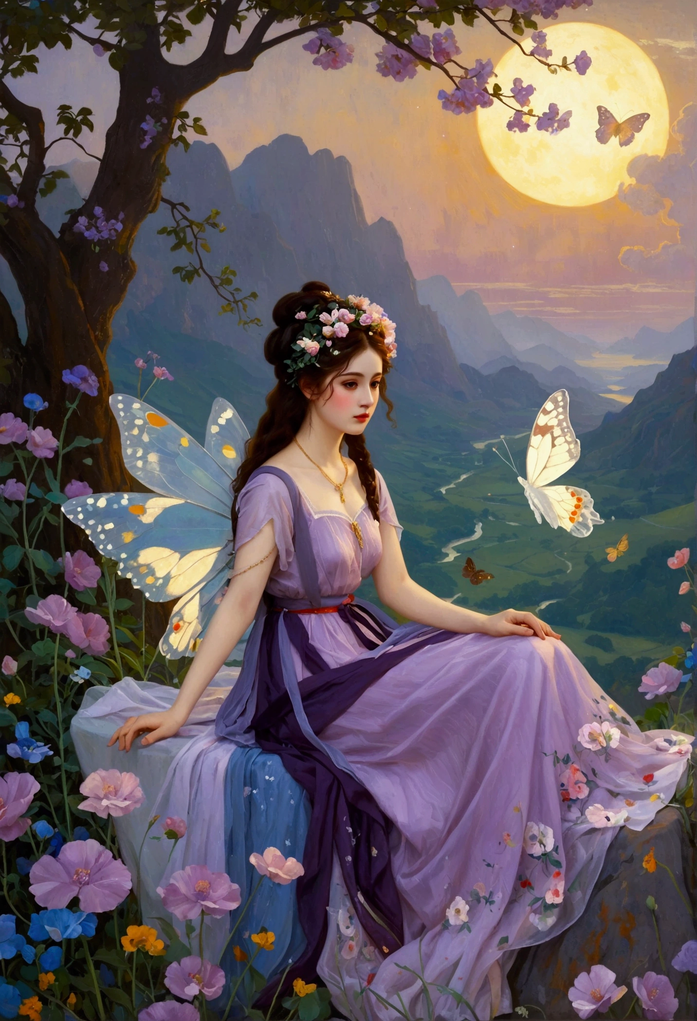 Oil painting on canvas《Summer Valley》,Etienne Adolphe Piaud, Etienne Adolphe Piot,English Pre-Raphaelite painter,Pre-Raphaelite Brotherhood, A woman in a glowing costume sitting on a purple cloud in front of a purple background,Her dress is made of translucent tulle,It is decorated with lights of various colors.,The whole presents a colorful effect,There is a pair of huge butterfly wings behind the woman,Also made of luminous material,radiating a soft,Wearing a flower on the head as decoration,Under her feet, a sea of purple flowers,The flowers look particularly beautiful in the night,dream,mystery,beauty,Aesthetic,Mainly realistic traditional style,The painting style is meticulous,Refreshing colors,HD,in the style of Pre-Raphaelite Brotherhood
