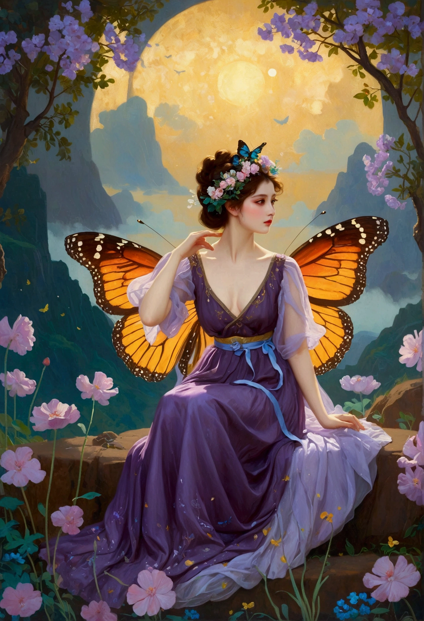 Oil painting on canvas《Summer Valley》,Etienne Adolphe Piaud, Etienne Adolphe Piot,English Pre-Raphaelite painter,Pre-Raphaelite Brotherhood, A woman in a glowing costume sitting on a purple cloud in front of a purple background,Her dress is made of translucent tulle,It is decorated with lights of various colors.,The whole presents a colorful effect,There is a pair of huge butterfly wings behind the woman,Also made of luminous material,radiating a soft,Wearing a flower on the head as decoration,Under her feet, a sea of purple flowers,The flowers look particularly beautiful in the night,dream,mystery,beauty,Aesthetic,Mainly realistic traditional style,The painting style is meticulous,Refreshing colors,HD,in the style of Pre-Raphaelite Brotherhood
