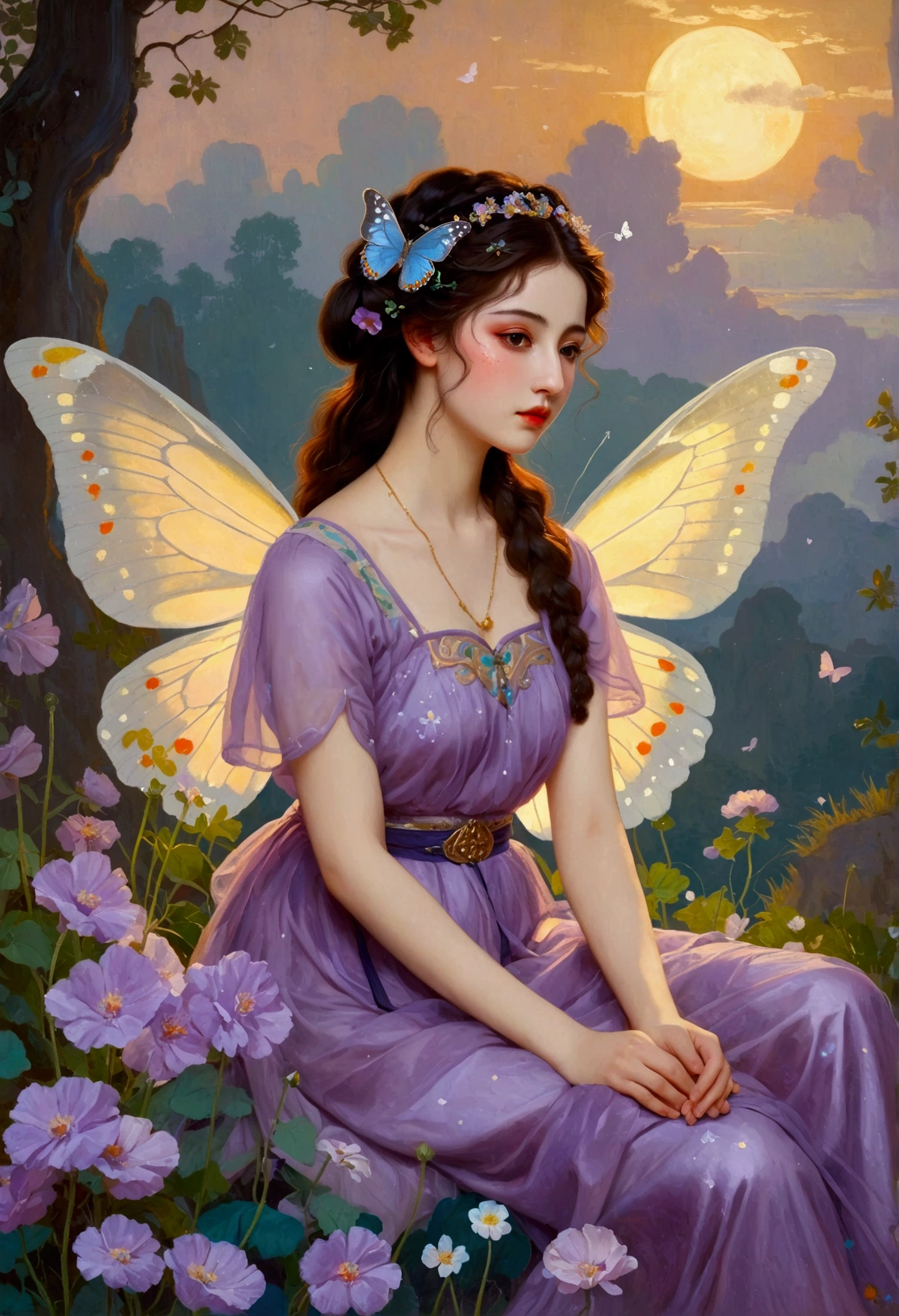 Oil painting on canvas《Summer Valley》,Etienne Adolphe Piaud, Etienne Adolphe Piot,English Pre-Raphaelite painter,Pre-Raphaelite Brotherhood, A woman in a glowing costume sitting on a purple cloud in front of a purple background,Her dress is made of translucent tulle,It is decorated with lights of various colors.,The whole presents a colorful effect,There is a pair of huge butterfly wings behind the woman,Also made of luminous material,radiating a soft,Wearing a flower on the head as decoration,Under her feet, a sea of purple flowers,The flowers look particularly beautiful in the night,dream,mystery,beauty,Aesthetic,Mainly realistic traditional style,The painting style is meticulous,Refreshing colors,HD,in the style of Pre-Raphaelite Brotherhood