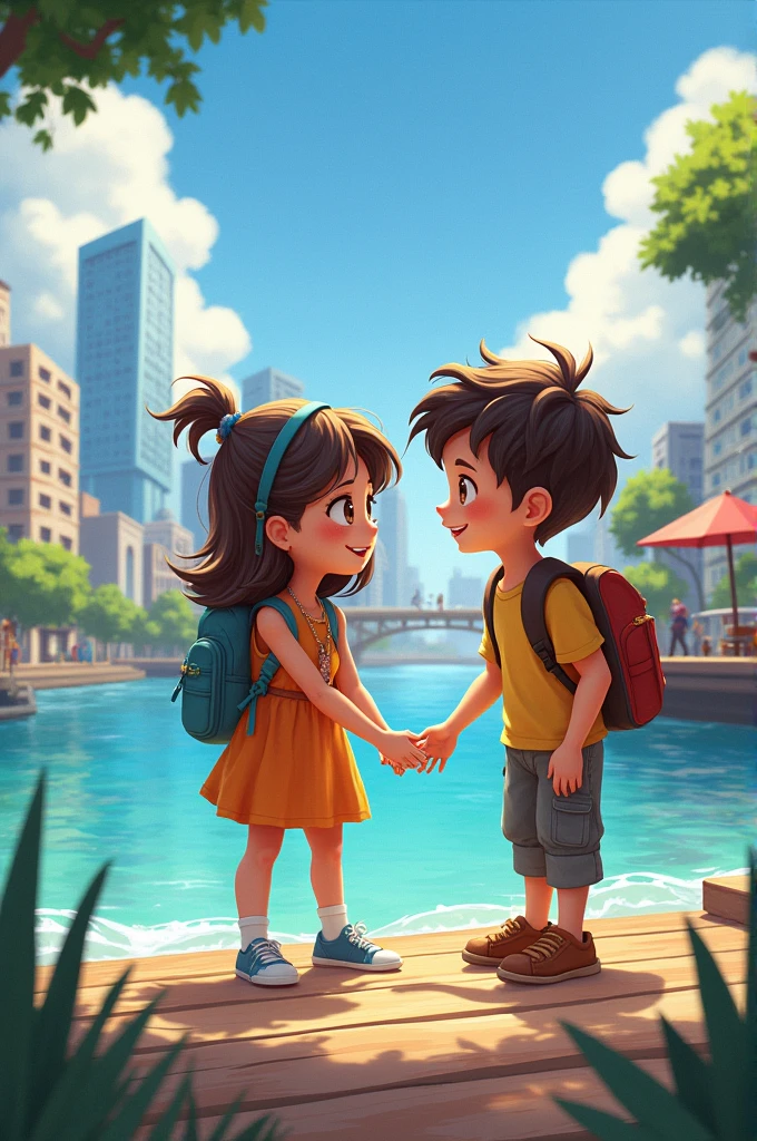 Girl and boy in city with dock