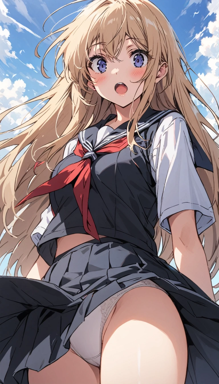 Adult female beauty surprised blush Black Sailor Suit The wind blows up my skirt Pure white underwear School zone Shooting from below