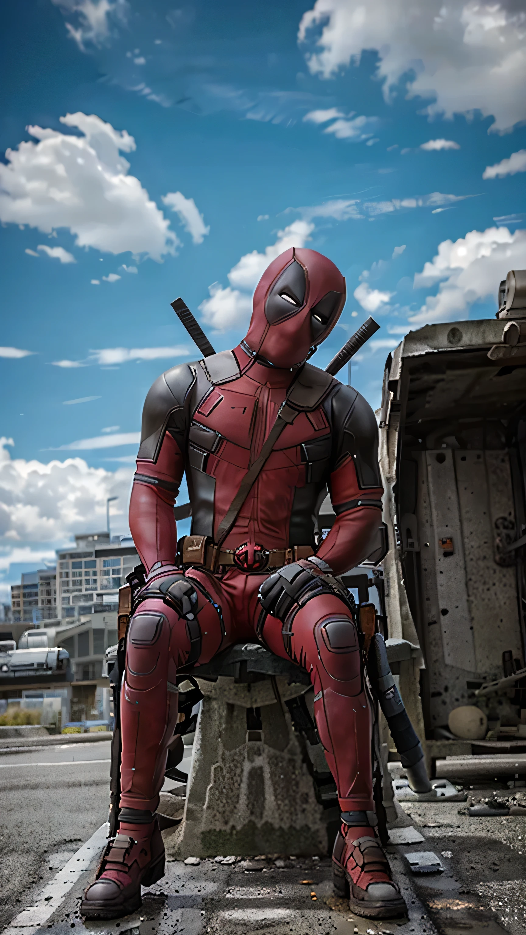 masterpiece, best quality, ultra high res, photorealistic, Deadpool, sitting on a chair, streets, destruction, ruins, dark theme, outdoor, city explosion, bomb, (fire), smoke, 