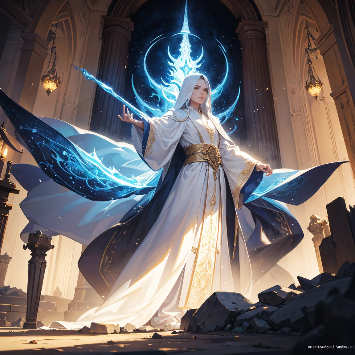 a powerful wizard in a long white robe, detailed intricate robe patterns, enchanting staff, mysterious and magical atmosphere, dramatic lighting, cinematic composition, fantasy concept art, vibrant colors, digital painting, 8k, highly detailed, photorealistic