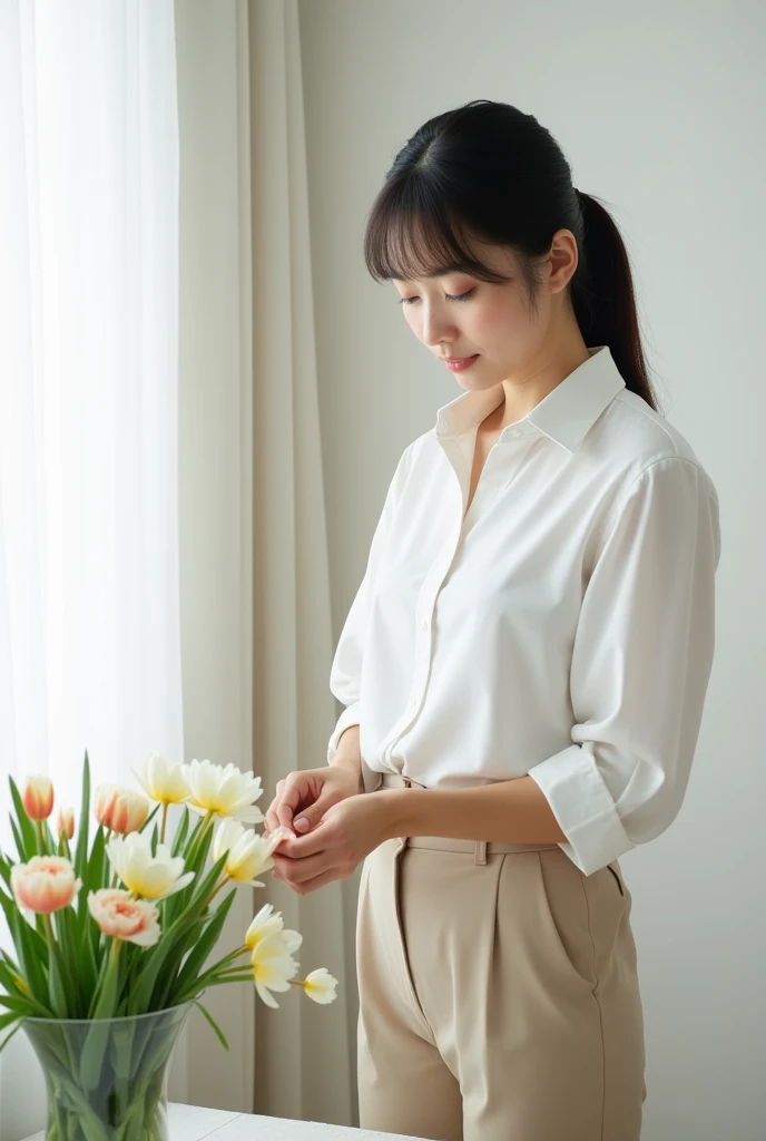 A meticulous Japanese woman in her mid-20s, dressed in a crisp white blouse and beige trousers, arranging fresh flowers in a minimalist room. The image must be realistic and live-action, with a serene and orderly atmosphere.