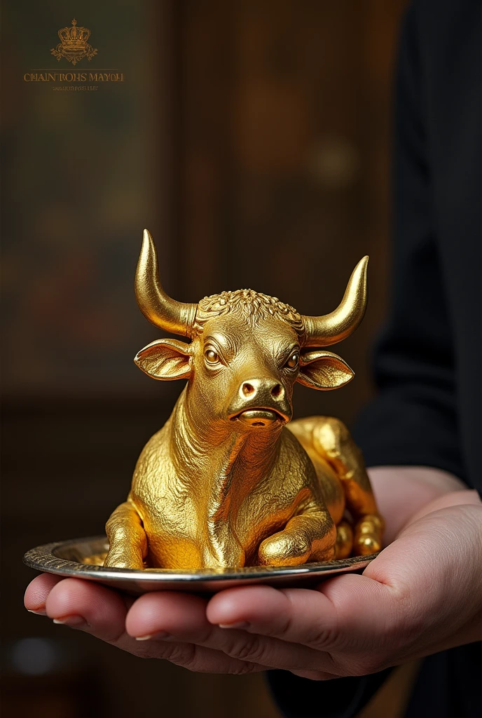 The British Royal Family hold ,((100-carat  24k gold bull)), Served on a silver dish, 24ｋNecklace with stand、, Surrealism, Contemporary art, Realism, Canon, UHD, anatomically correct, textured skin, textured skin, high quality, highness, 8k