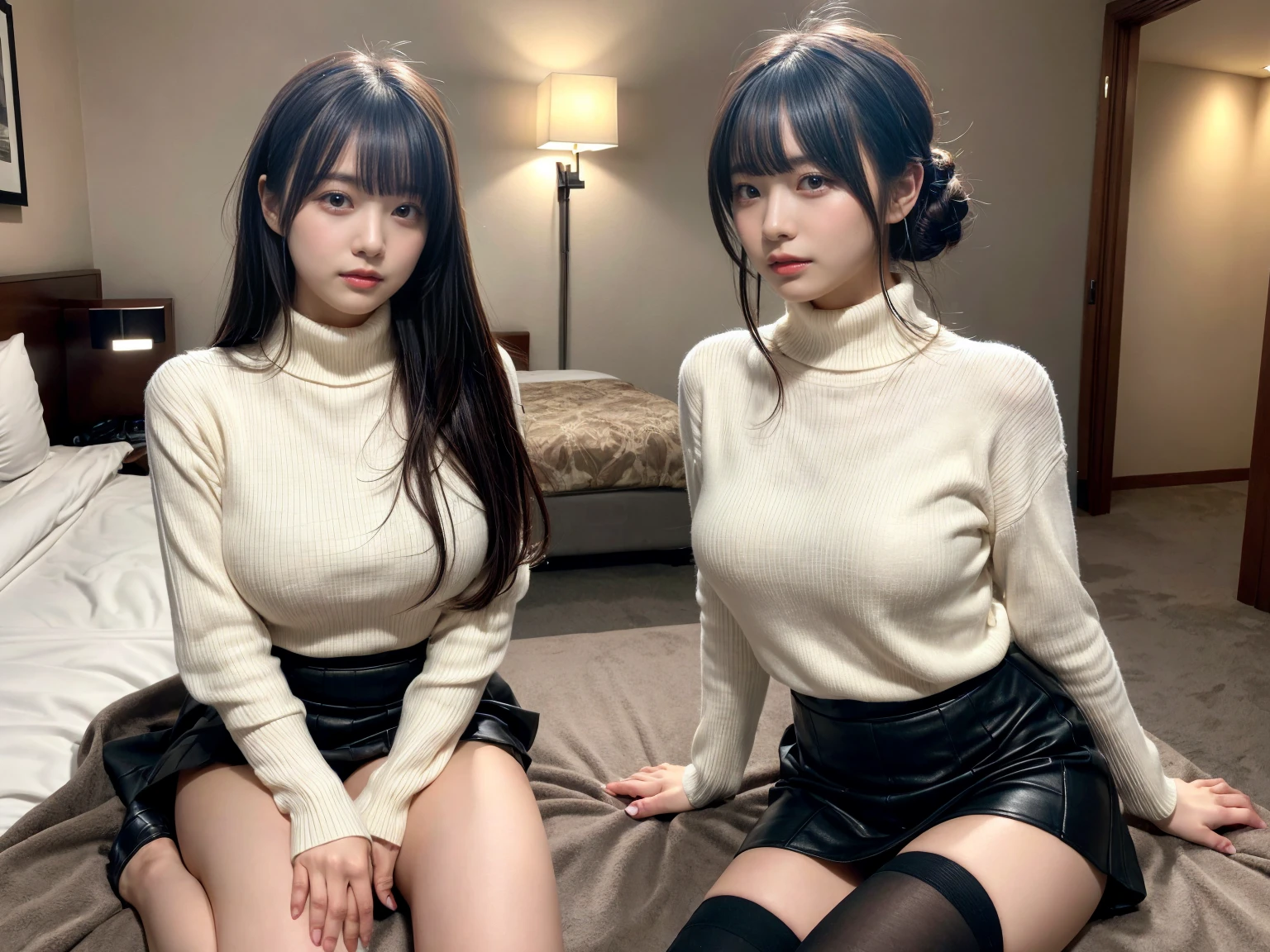 masterpiece, best quality, illustration, Super detailed, fine details, High resolution, 8K,wall paper, perfect dynamic composition,(Details High quality, realistic depiction of eyes:1.3), (2 girls), updo), white turtleneck sweater, pleated skirt, sitting, open legs, short bob hair, in a hotel room in the background, deep on field, large breasts, black hair color, Big Natural Color Lip, (perfect body shape), crying a little、Harajuku style、20 year old girl、cute type、beautiful legs, Gravure Idol