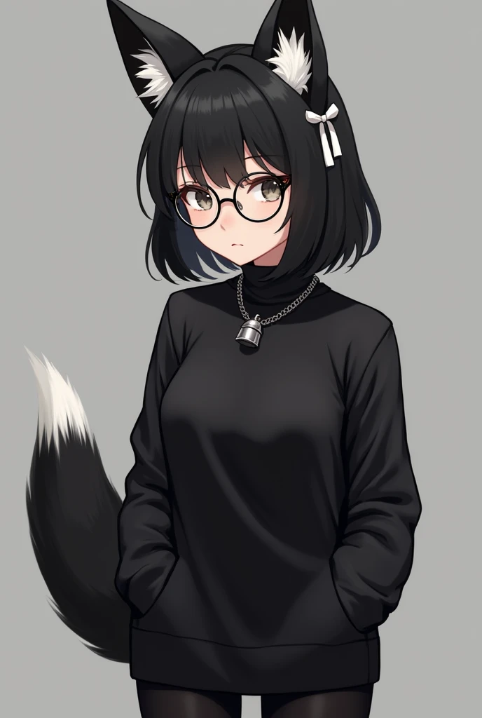 The female has black fox ears with white details on the inside and appears to have a black tail with a white tip.. He wears round-framed glasses and has hair with bangs that cover his forehead.. She also has a white hair accessory that looks like a white bow on the right side of her head.. Her outfit includes a black long-sleeved turtleneck sweater and black tights. , adorned a black silver Bell necklace on the neck big tits full body