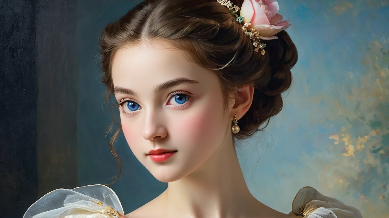 (high resolution,masterpiece:1.2),(Practical:1.37)"(best quality, high resolution, Extremely detailed, Practical),Beautiful portrait of a 16-year-old French ballerina from the 19th century, (She is of French and Japanese descent., She is a beautiful woman with deep blue eyes and a high nose:1.1), Exquisite ballet costumes, Detailed facial features, Slender and graceful neck, Flowing hair, Elegant posture, Soft and delicate lighting, Oil painting medium, Vibrant colors, Subtle background with floral pattern"