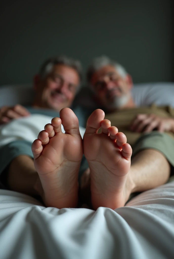 Create an image of two 55-year-old men lying on a bed showing their feet