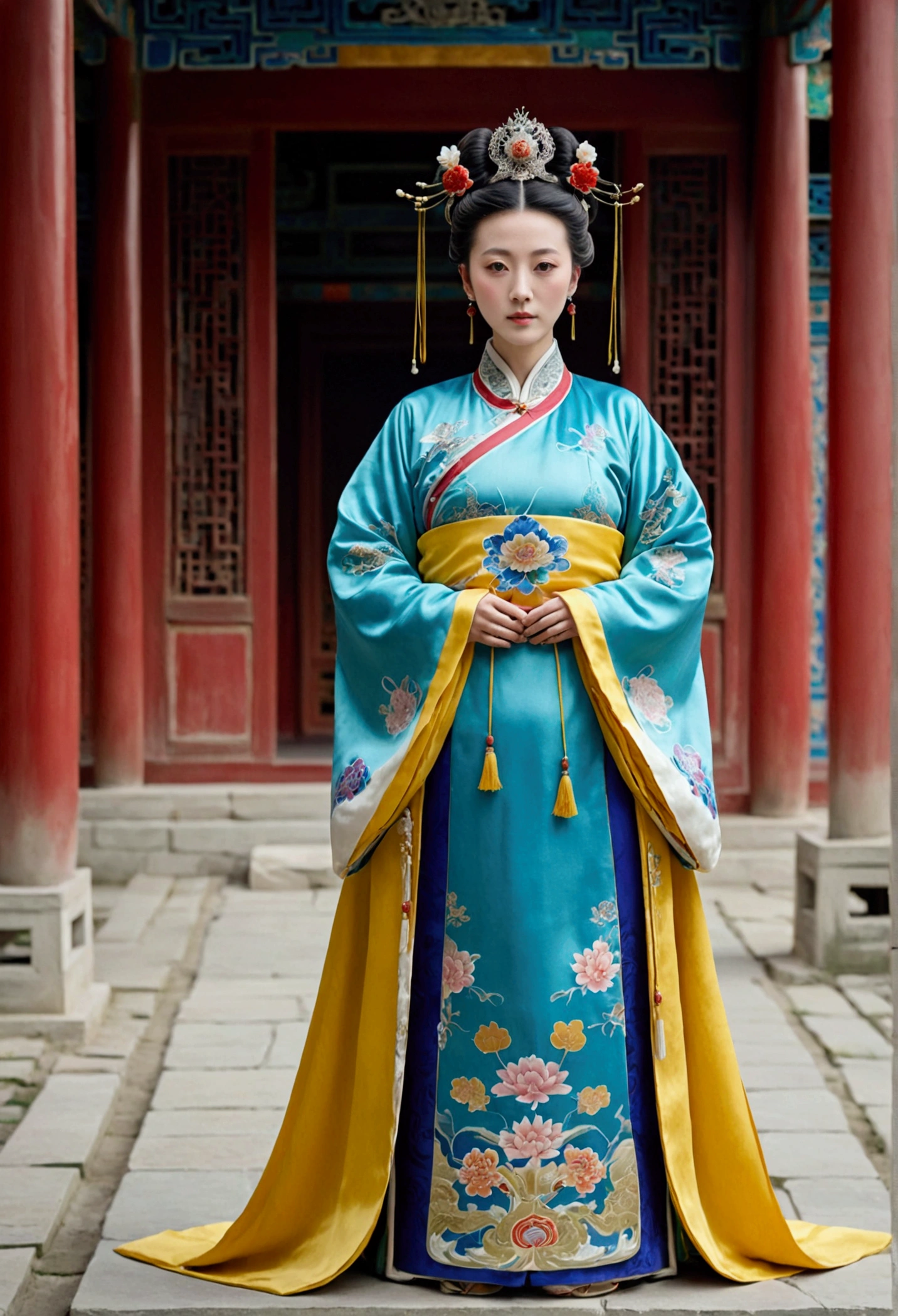 A woman seen from the front, standing full-body, facing forward, wearing a crown and floral hairpin of a Qing dynasty empress in the Chinese imperial court of the Qing dynasty, showing her chest, lower abdomen, thighs and feet。She is wearing no underwear, and her large breasts are exposed, right down to her bare stomach. Her body is tied up and pulled up, and the background is the stone pavement of the Chinese palace during the Qing dynasty.