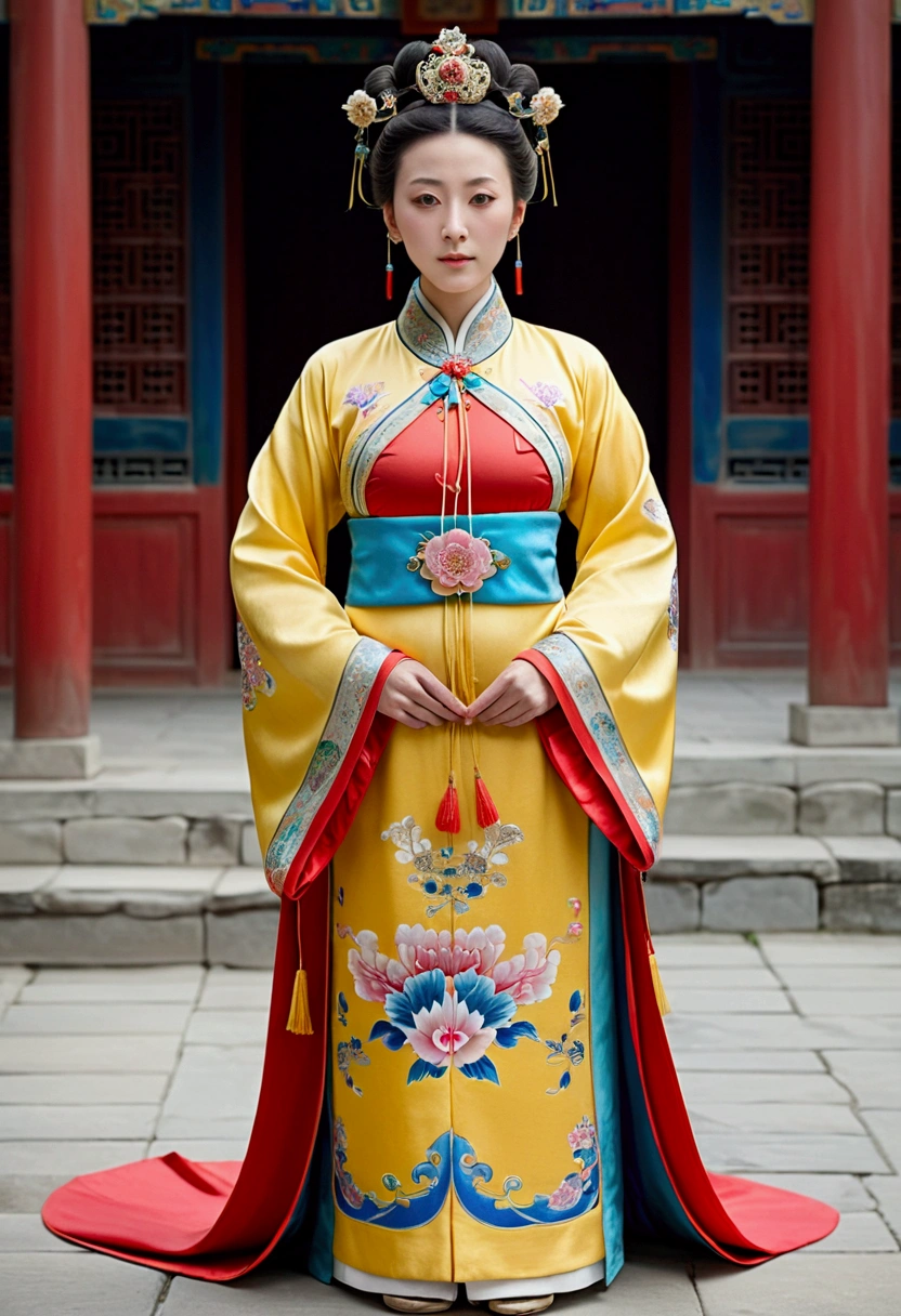 A woman seen from the front, standing full-body, facing forward, wearing a crown and floral hairpin of a Qing dynasty empress in the Chinese imperial court of the Qing dynasty, showing her chest, lower abdomen, thighs and feet。She is wearing no underwear, and her large breasts are exposed, right down to her bare stomach. Her body is tied up and pulled up, and the background is the stone pavement of the Chinese palace during the Qing dynasty.