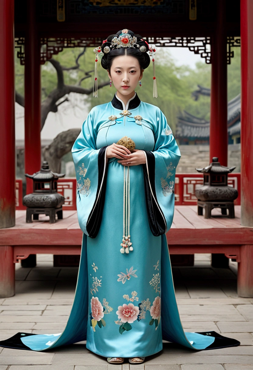 A woman seen from the front, standing full-body, facing forward, wearing a crown and floral hairpin of a Qing dynasty empress in the Chinese imperial court of the Qing dynasty, showing her chest, lower abdomen, thighs and feet。She is wearing no underwear, and her large breasts are exposed, right down to her bare stomach. Her body is tied up and pulled up, and the background is the stone pavement of the Chinese palace during the Qing dynasty.