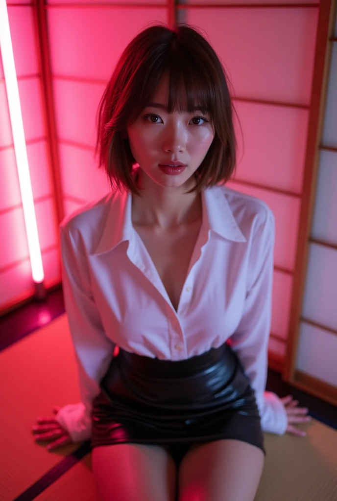 ((Japanese Idols)) ((Plump and Shiny Lips)) Big Breasts ((Short brown hair with bangs)) ((Looking into the camera)) Sit with your legs apart ((White button shirt and black enamel tight skirt)) Low-angle shot of a person standing facing forward look down ((A bedroom with shoji and tatami mats lit up in pink neon lights))