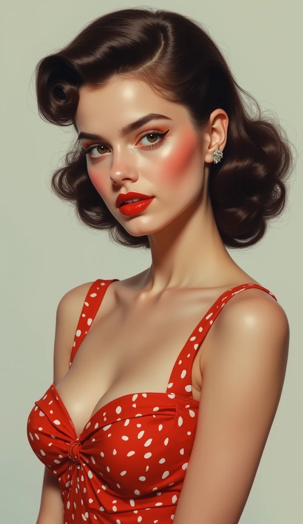 A young woman in a vintage-inspired dress, 50s hairstyle, retro makeup, and bold red lips posing confidently while looking directly into the camera, colorful, digital painting, realistic, portrait, concept art, studio lighting, sharp focus, high resolution.