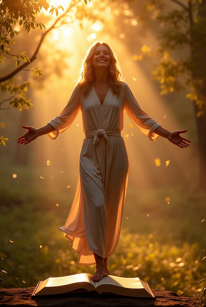 Create an inspiring image that conveys confidence and self-awareness. The image must include a woman standing, de corpo inteiro, smiling in a natural environment, como um fild ou Garden, ao nascer ou sunset. Her expression should convey confidence and serenity..
Elementos visuais:
5.	main image:
• Full body woman, with open arms, smiling and confident, 40 year old. Standing on a large open book.
• Natural environment (fild/Garden).
• Soft sunrise light/sunset.
6.	Star of David:
• Discreetly positioned in a corner of the image or subtly incorporated into the background.
7.	golden lights:
• Soft light elements radiating around the woman to create an effect of illumination and mysticism.
8.	Numerological Diagram:
• A graph or diagram of numbers in a side area or discretely in the image, suggesting the deep and analytical content of the numerological chart.
Style Guidelines:
• Soft and comforting tones.
• Mystical and attractive touch.
• Mix natural light and graphic elements to create a harmonious look.

