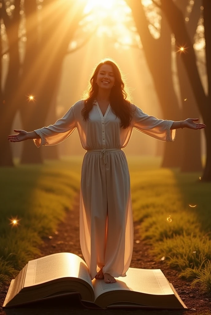 Create an inspiring image that conveys confidence and self-awareness. The image must include a woman standing, de corpo inteiro, smiling in a natural environment, como um fild ou Garden, ao nascer ou sunset. Her expression should convey confidence and serenity..
Elementos visuais:
5. main image:
• Full body woman, with open arms, smiling and confident, 40 year old. Standing on a large open book.
• Natural environment (fild/Garden).
• Soft sunrise light/sunset.
6. Star of David:
• Discreetly positioned in a corner of the image or subtly incorporated into the background.
7. golden lights:
• Soft light elements radiating around the woman to create an effect of illumination and mysticism.
8. Numerological Diagram:
• A graph or diagram of numbers in a side area or discretely in the image, suggesting the deep and analytical content of the numerological chart.
Style Guidelines:
• Soft and comforting tones.
• Mystical and attractive touch.
• Mix natural light and graphic elements to create a harmonious look.
