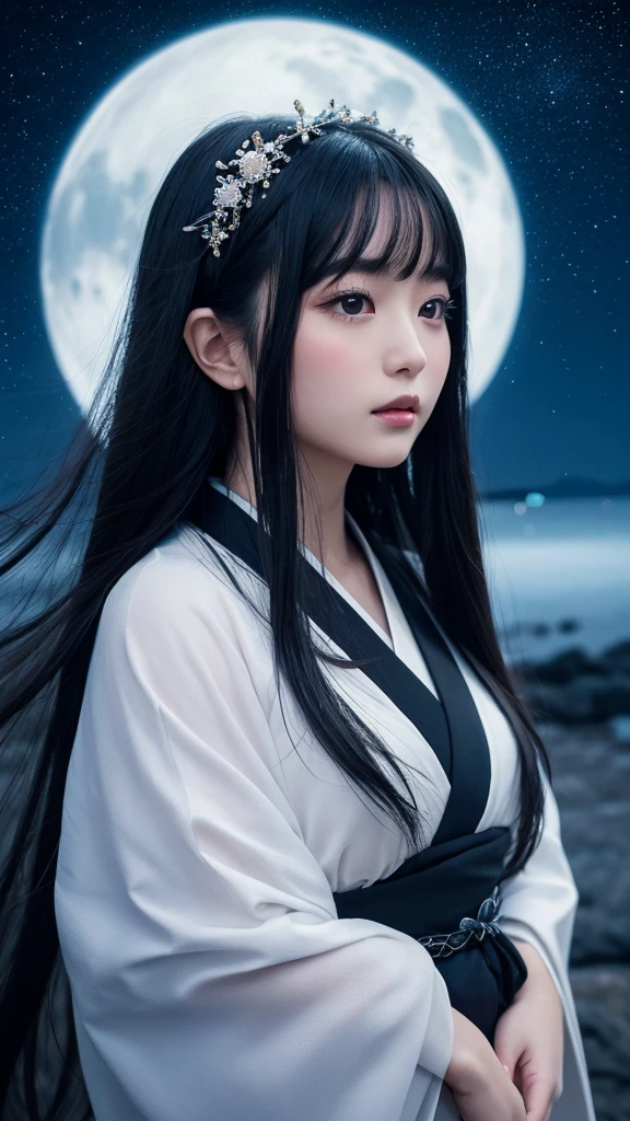 Delicate and dainty young woman with shiny long black hair . She is wearing Majestic japanese kimono. The background is a fantastic and ethereal night sky that seems to be haunted by a specter. 