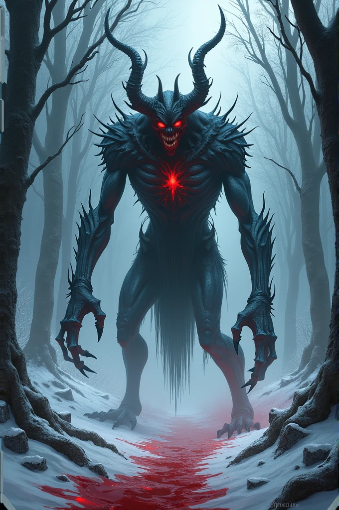 Terrifying demon in the middle of a snowy forest filled with blood