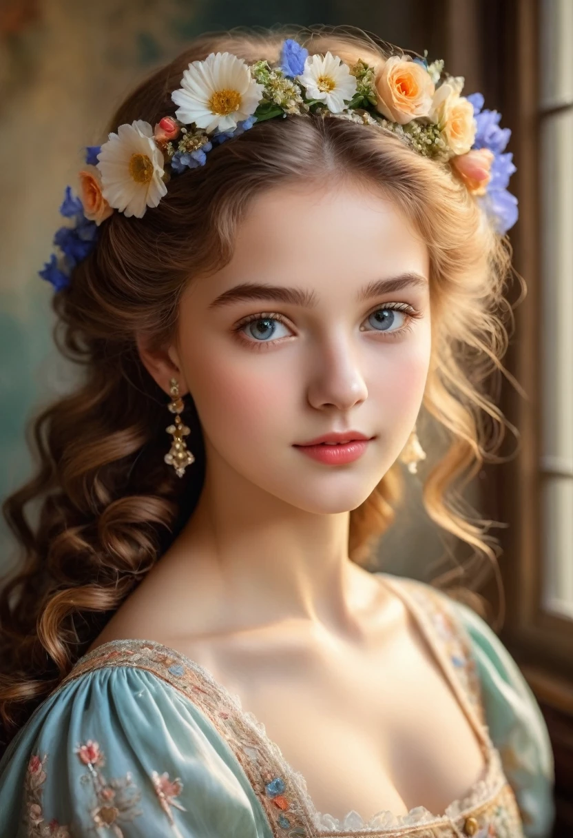Portrait of a beautiful 16-year-old German girl in Munich in the 19th century: Oil painting of beautiful and delicate eyes, Beautiful and delicate lips, Extremely detailed eyes and face, Long eyelashes，Chestnut curly hair, Paired with delicate flower hair accessories，Elegant and gorgeous dresses in bright colors, Decorated with delicate lace and embroidery，Manicured hands holding a bouquet of flowers，Skin is soft and radiant, Healthy complexion，The eyes reveal the innocence and curiosity of youth，Beautiful figure，Gentle smile, The light sunlight shines in through the window, exuding eternal charm, A warm glow was cast on her face，Impeccable attention to lighting and shadows, Emphasizes a girl&#39;s natural beauty with rich and vibrant tones, Capturing the elegance and grandeur of 19th century Munich，Delicate brushwork and exquisite details, Demonstrating the artist&#39;s skill and mastery of the medium
(masterpiece:1.2), Extremely detailed, (Reality:1.37), HDR, Ultra HD, Professional portrait style, Reminiscent of the masters of that era，The overall atmosphere is warm and pleasant, Take the audience back to the past era