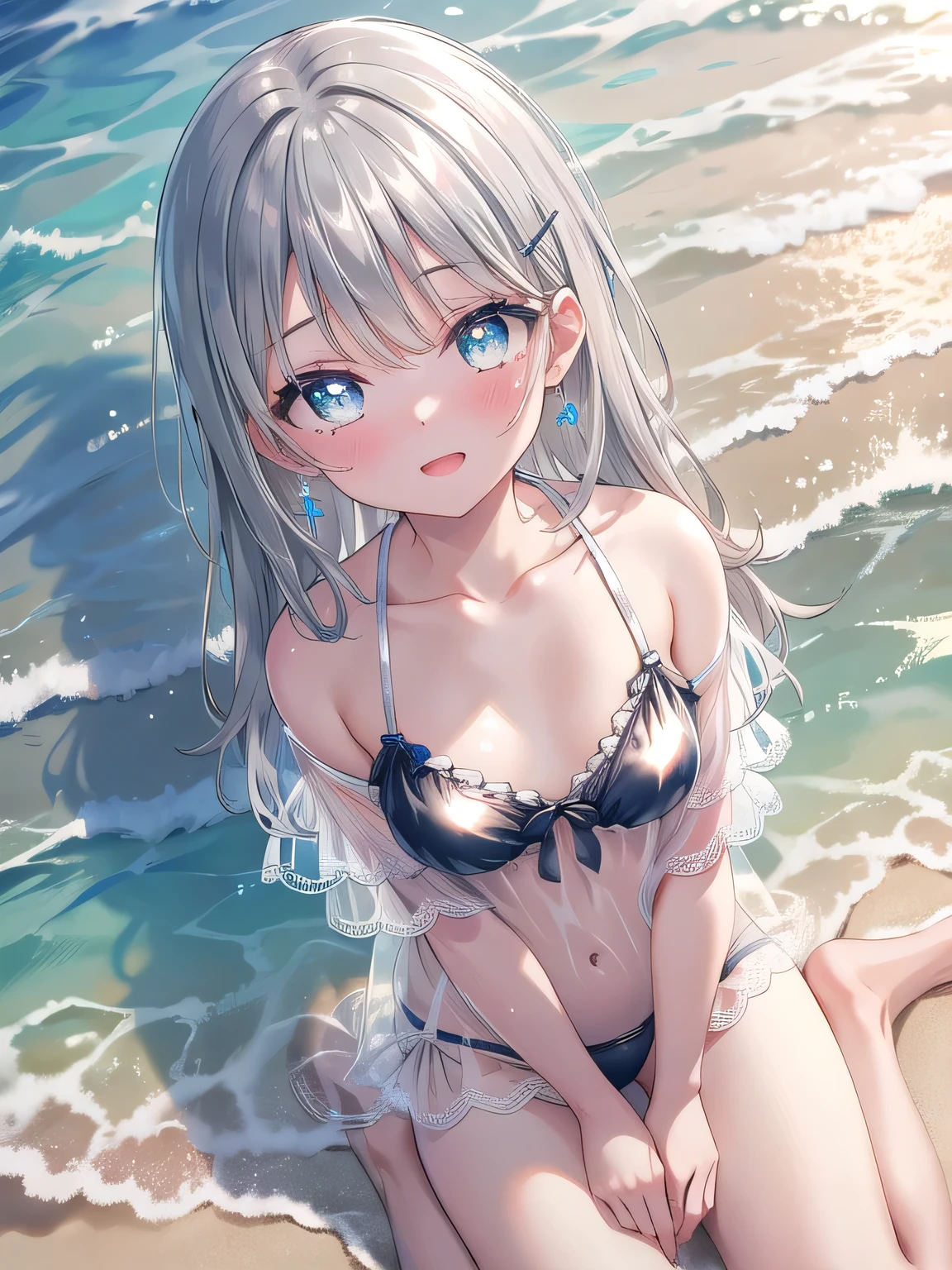 (8K, Highest Quality, Masterpiece:1.3)), Ultra High Resolution, (1 girl, solo), (Color changing eyes, Very detailed, Expressive glow, Sparkling eyes), Highly detailed eyes, Highly detailed face, Random hair, (Silver grey color), Hair clip, Flat chest, (See-through outerwear:1.2), Pastel swimsuit, (Fun facial expression:1.2), (Beach, sand, shining sunlight:1.1), wariza, Top view