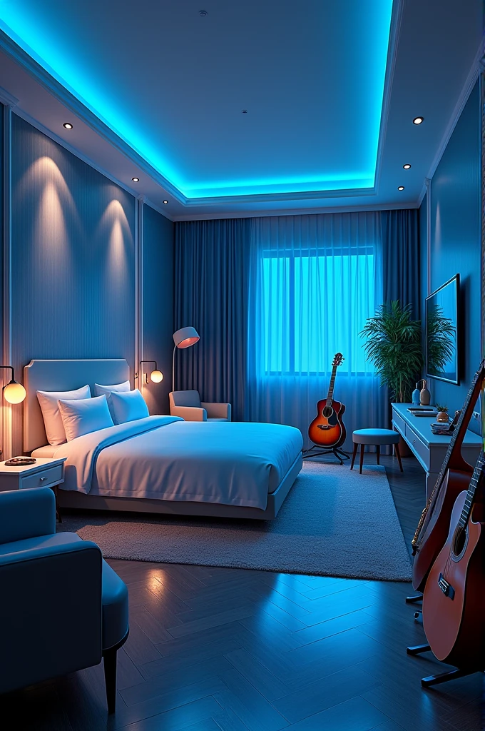 Large room luxurious bed normal desk with blue tones musical instruments(violin,electric guitar,normal guitar flute) in the room and a big TV